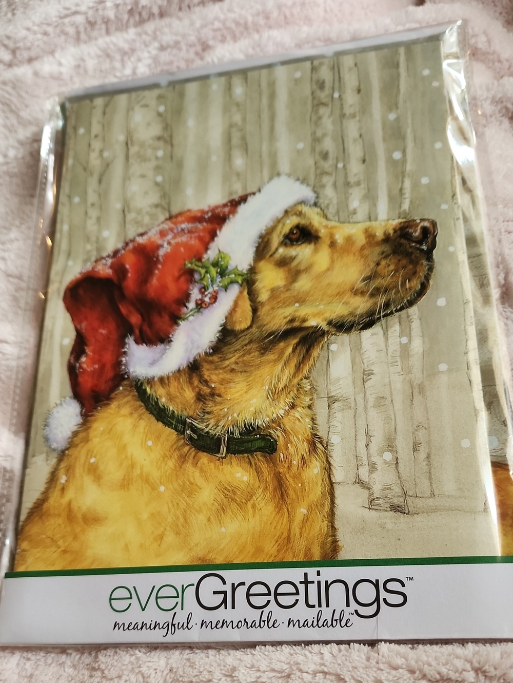 Golden Dog Holiday Card - Red Santa Hat. Card With Outdoor Flag